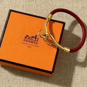 Hermes Hook Red Braided Leather Bracelet